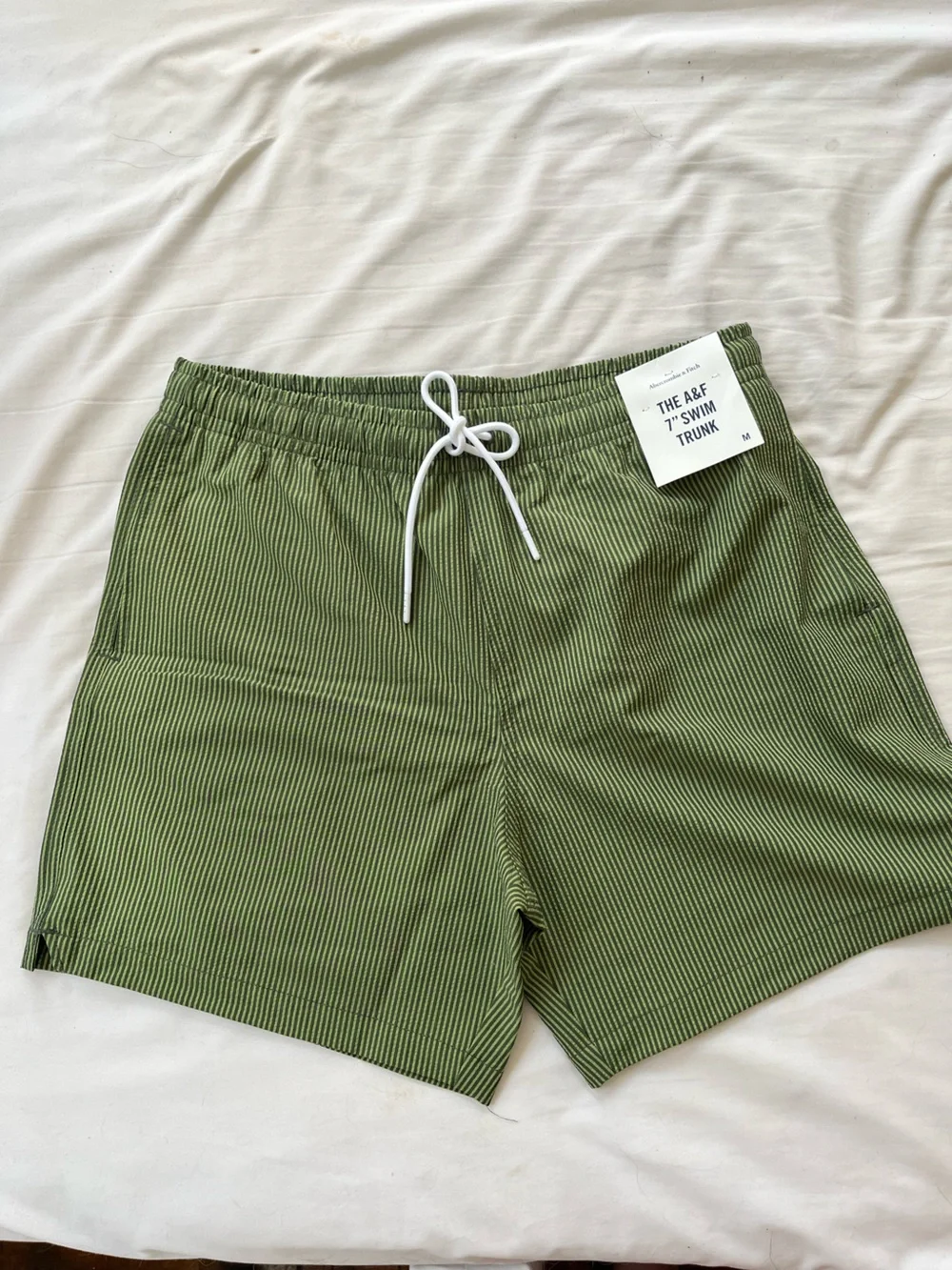 Abercrombie & Fitch Olive Green and White Striped Swim Trunk